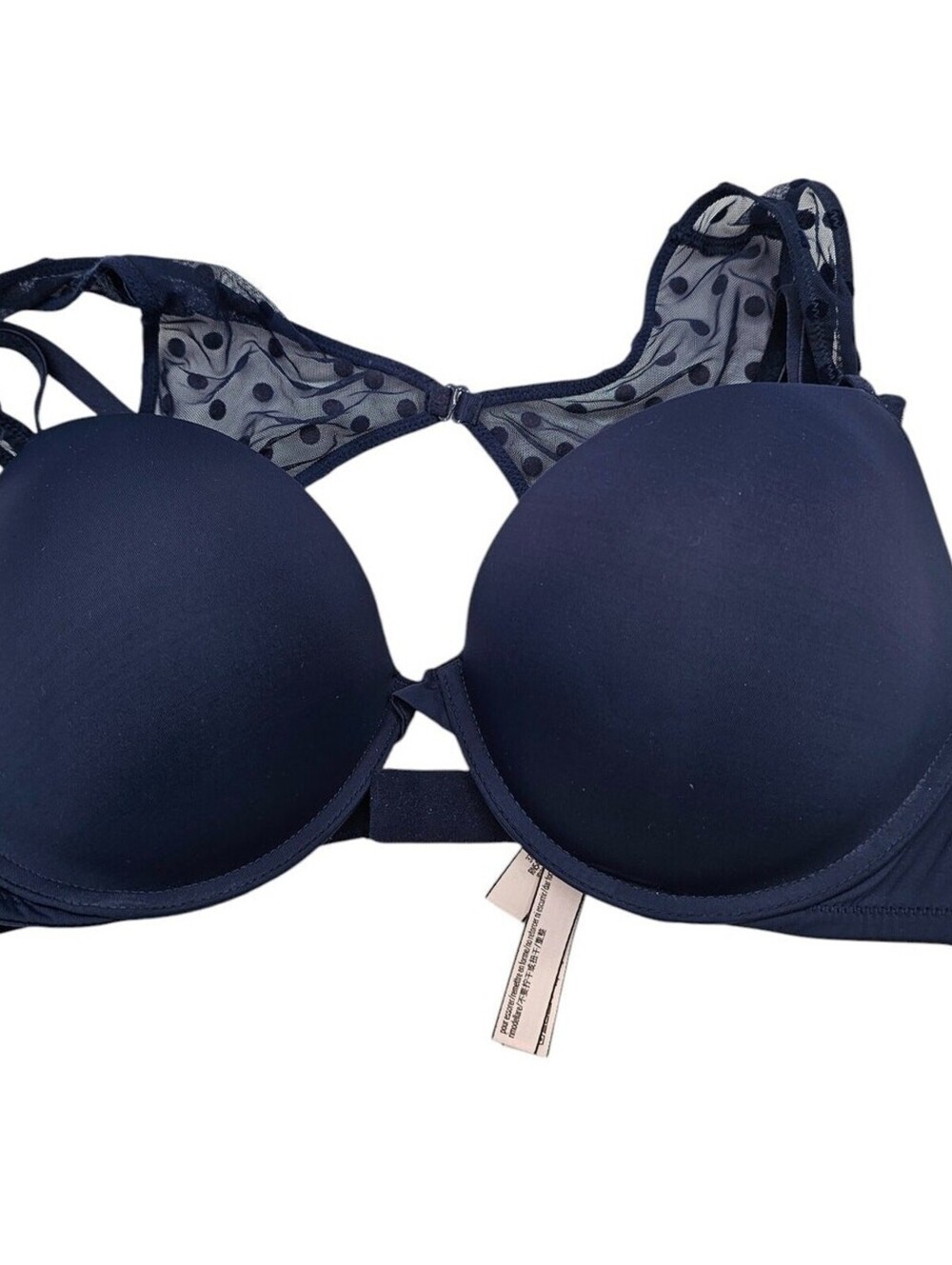 Victorias Secret Sz 36D Padded Plunge Bra Blue Polka Dot Lace Back NEW